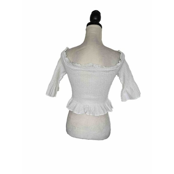 Moon River Peplum Style Smock Bustline White Crop Ruffle Neck Sz L Off Shoulder - Picture 4 of 8